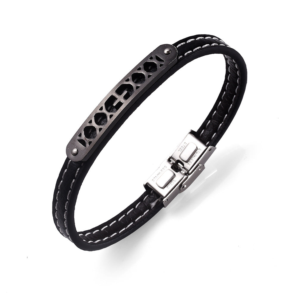 Vintage Leather Stainless Steel Cross Bracelet for Men