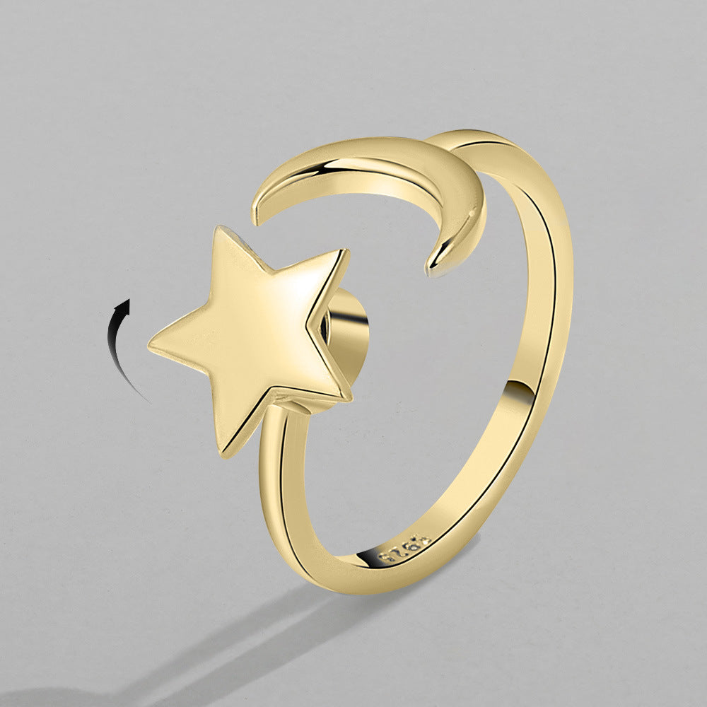 Rotating Star and Moon Copper Zircon Ring & Silver French Cat Eye Luxury Handmade Nail Set