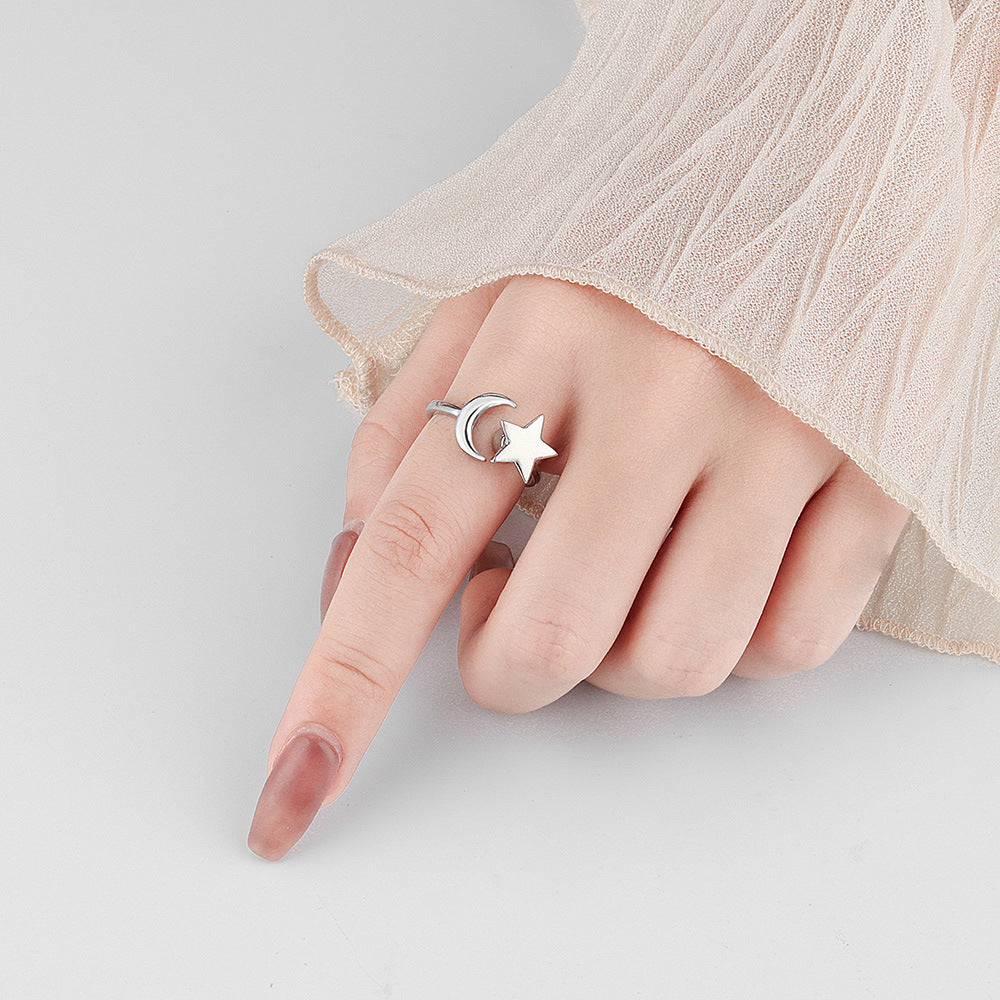 Rotating Star and Moon Copper Zircon Ring & Silver French Cat Eye Luxury Handmade Nail Set