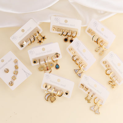 Stainless Steel Bear Heart Moon Star Earrings Set