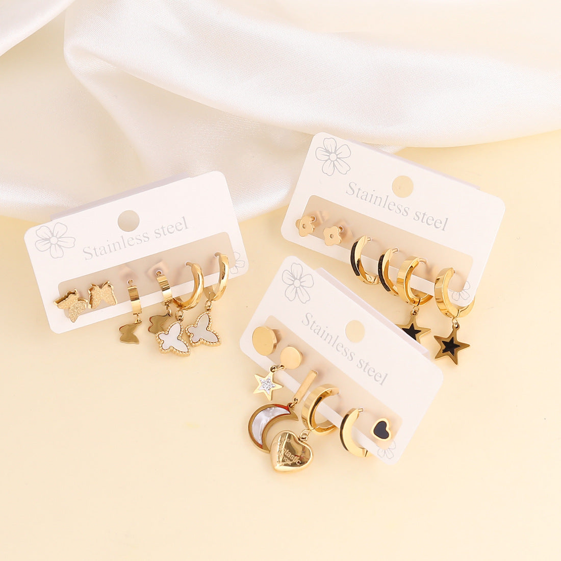 Stainless Steel Bear Heart Moon Star Earrings Set