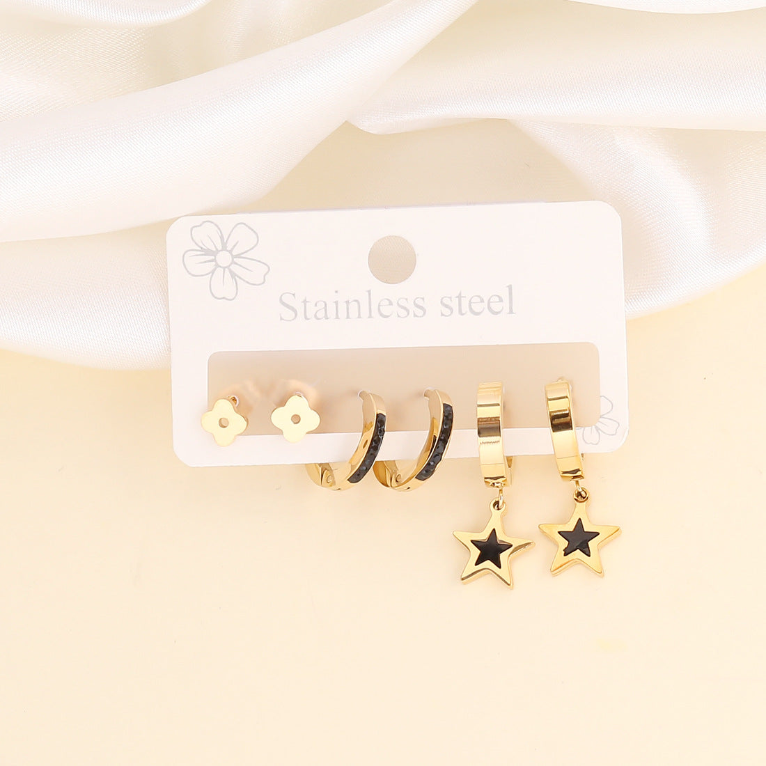 Stainless Steel Bear Heart Moon Star Earrings Set