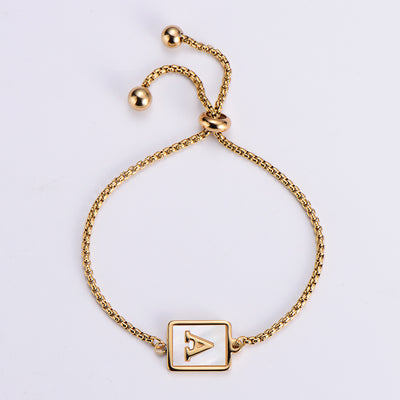 Stainless Steel Rectangular Tag White Shell Letter Bracelet 18K Gold Plated