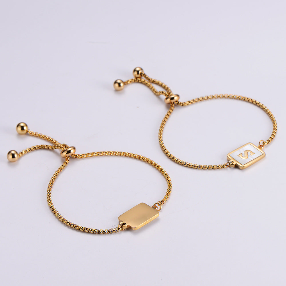 Stainless Steel Rectangular Tag White Shell Letter Bracelet 18K Gold Plated