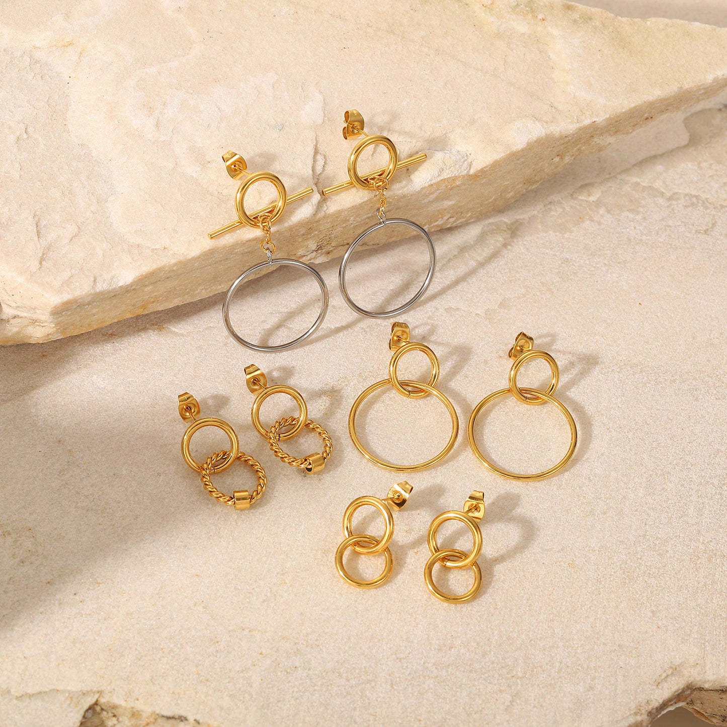 18K Gold Plated Stainless Steel Hollow Circle Pendant Earrings for Women