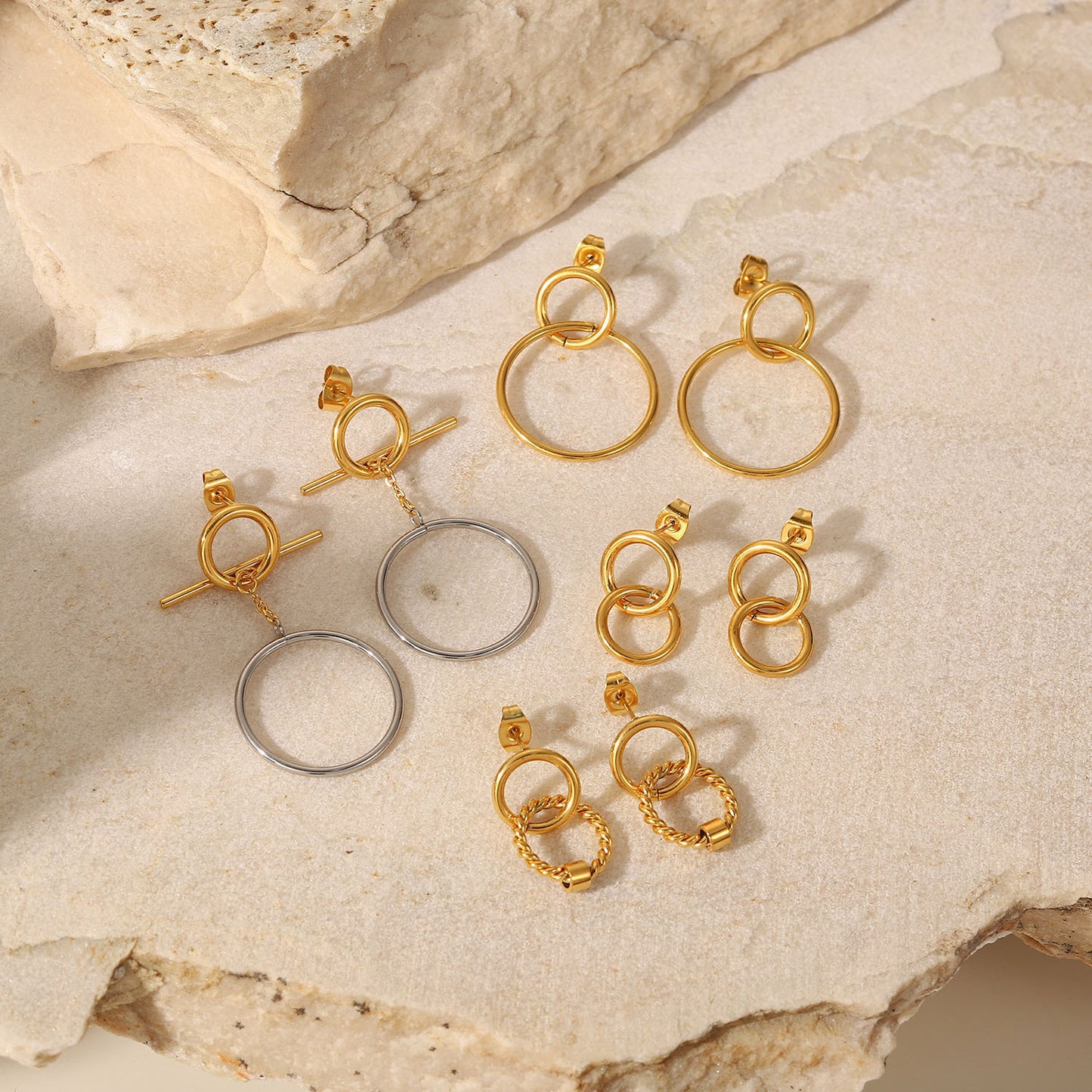 18K Gold Plated Stainless Steel Hollow Circle Pendant Earrings for Women