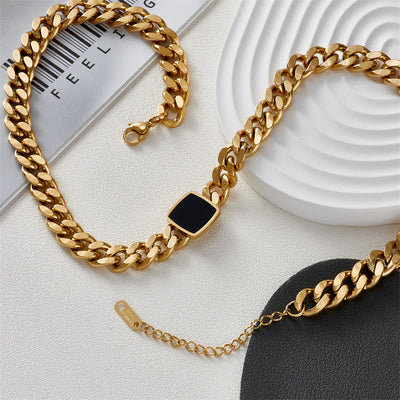 Simple Square Stainless Steel Oil Drip Cuban Clavicle Chain Necklace