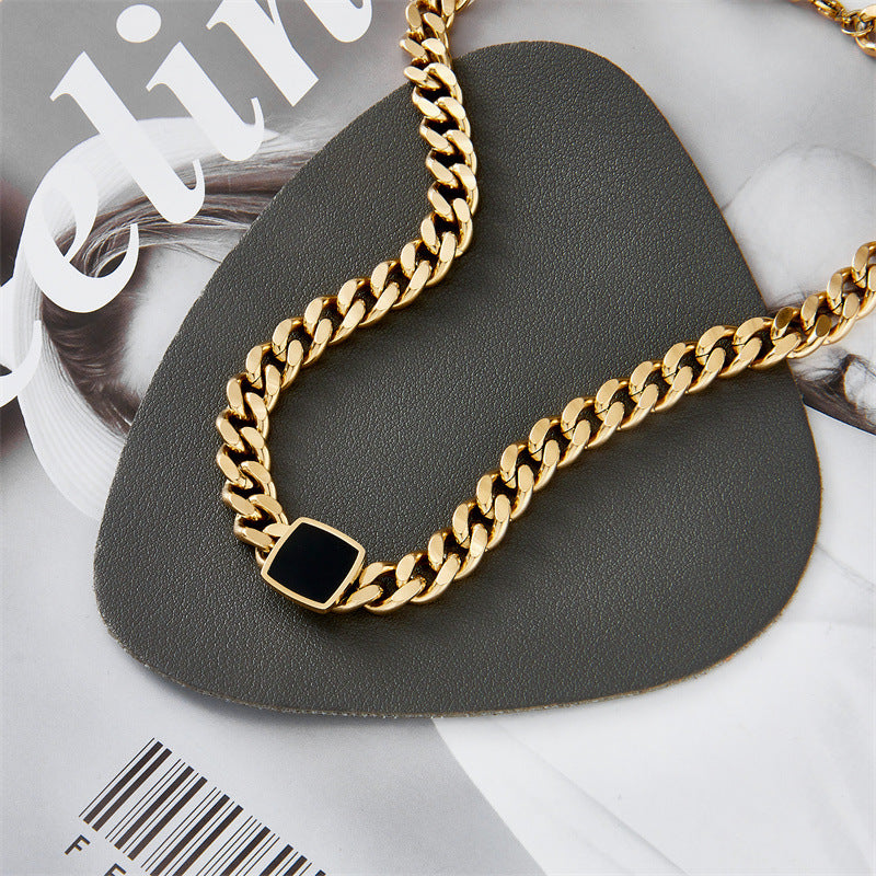 Simple Square Stainless Steel Oil Drip Cuban Clavicle Chain Necklace