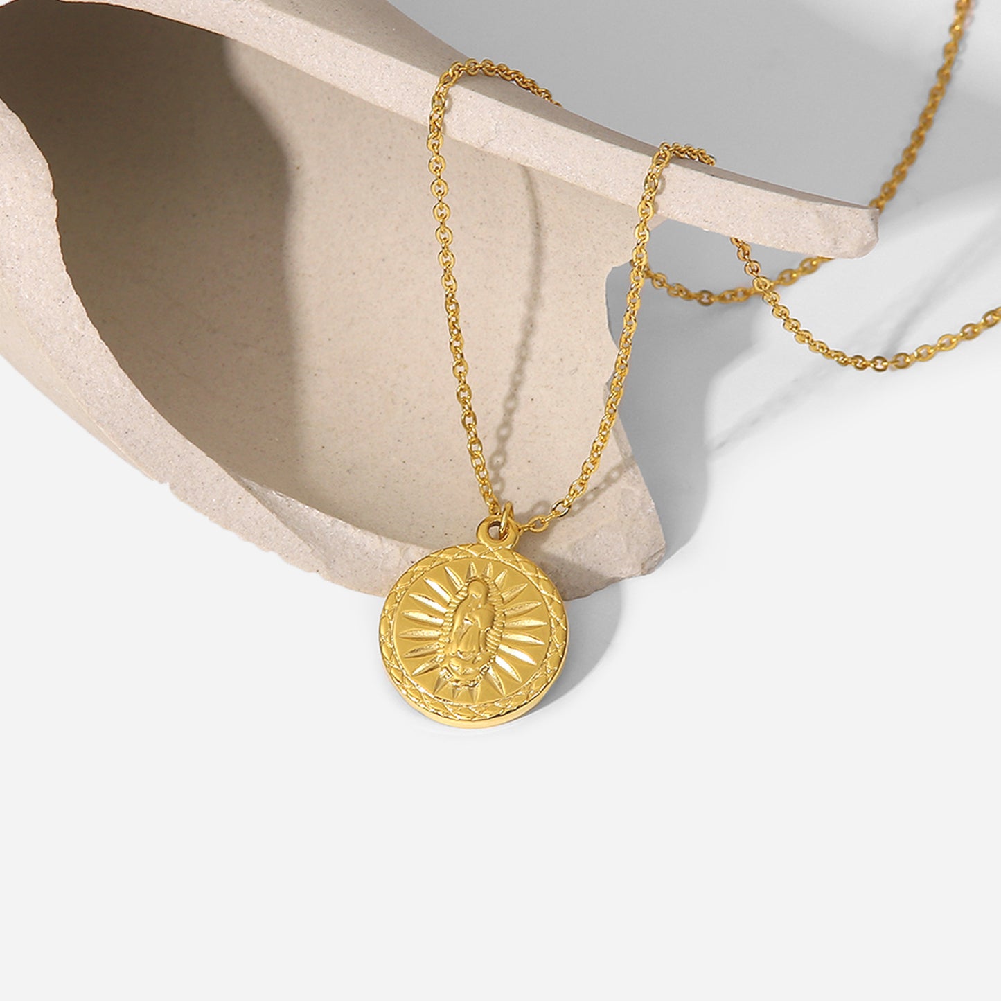 18K Gold Plated Angel Relief Round Pendant Necklace in Stainless Steel