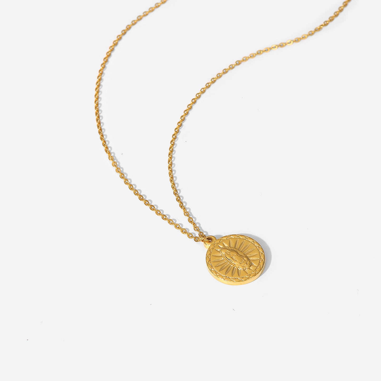 18K Gold Plated Angel Relief Round Pendant Necklace in Stainless Steel