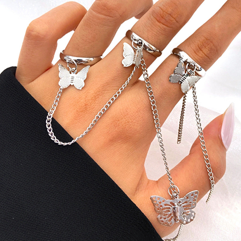 Sweet Tassel Chain Adjustable Butterfly Ring Set - Punk Style