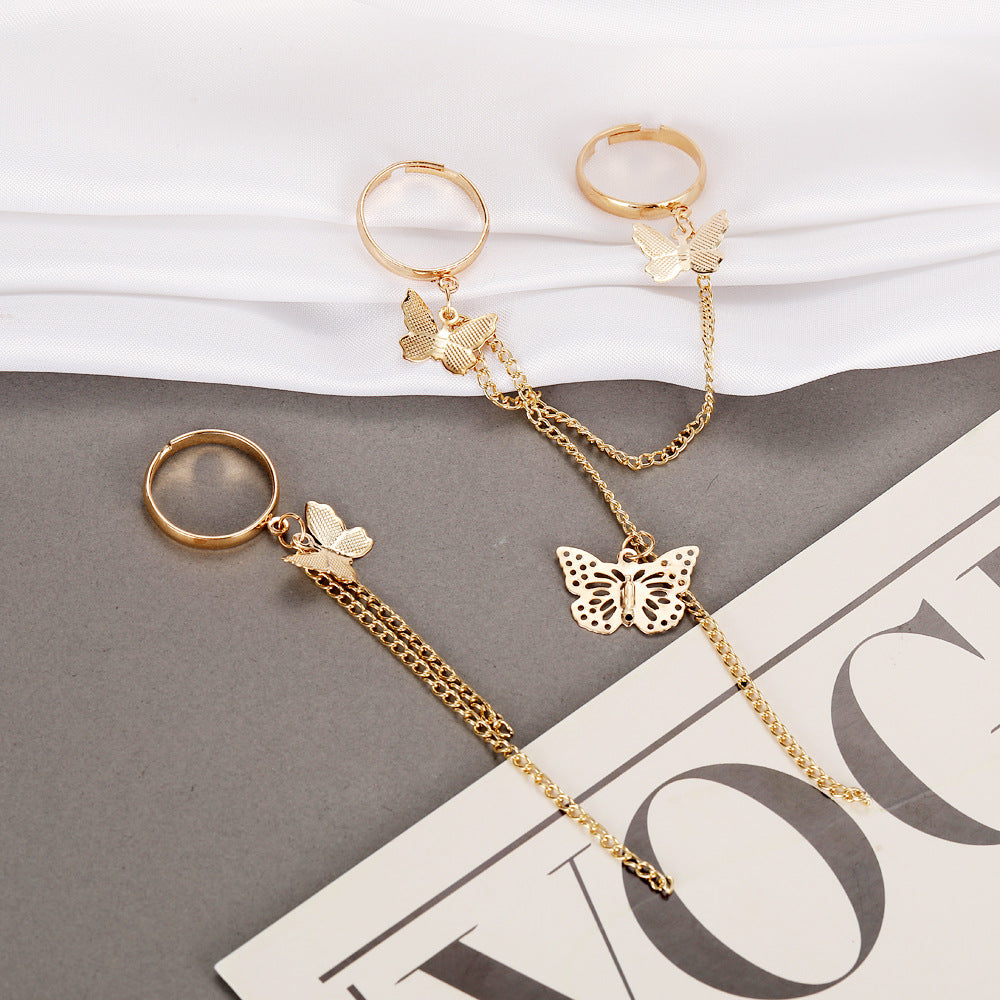 Sweet Tassel Chain Adjustable Butterfly Ring Set - Punk Style