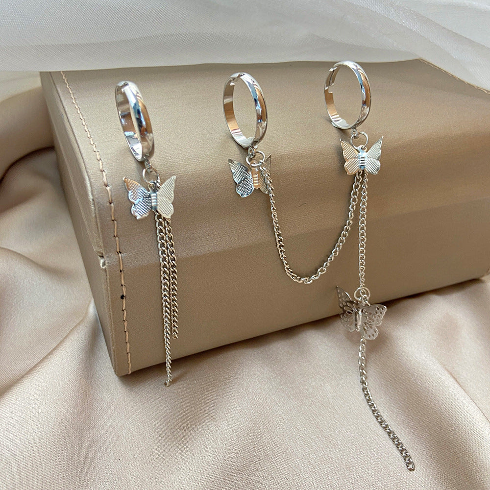 Sweet Tassel Chain Adjustable Butterfly Ring Set - Punk Style