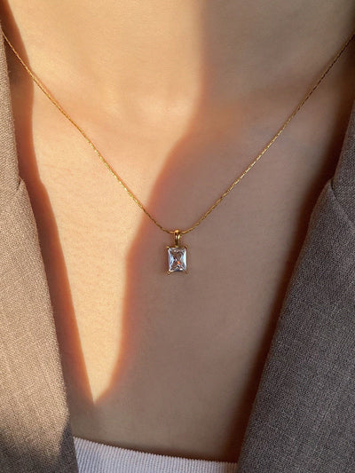 New Super Flash Square Zircon Pendant Necklace Stainless Steel Sweater Chain