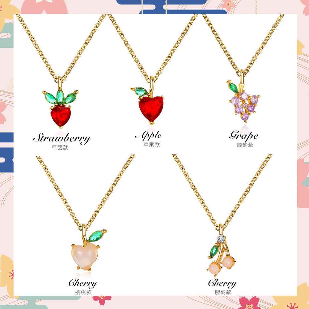 Sweet Crystal Fruit Pendant Necklace - Grape & Apple Design