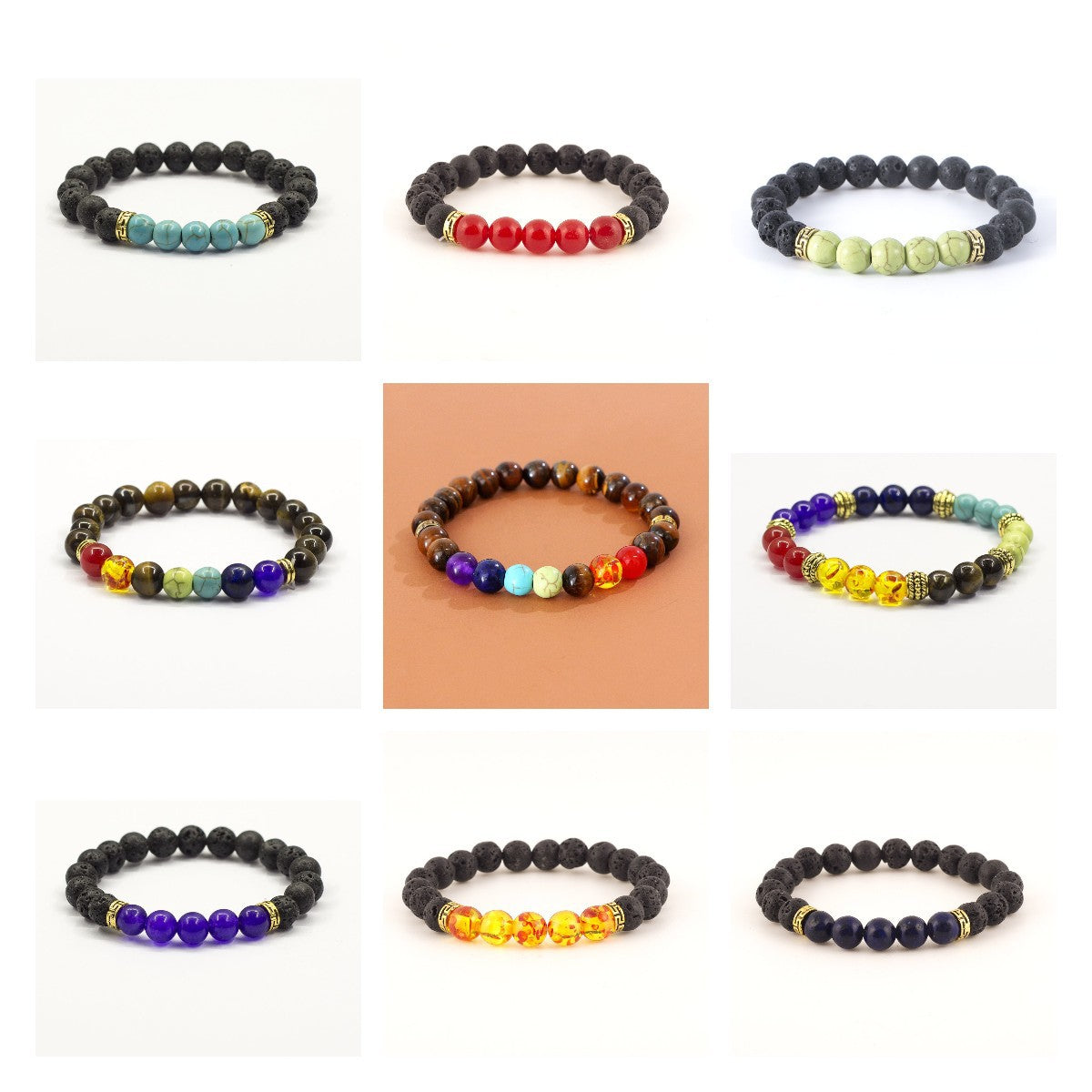 Volcanic Stone & Tiger Eye Agate Beaded Elastic Bracelet