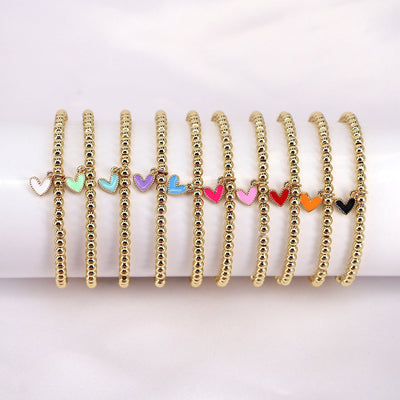 Gold Ball Beaded Heart-shaped Elastic Bracelet with Colorful Oil Drop Accents