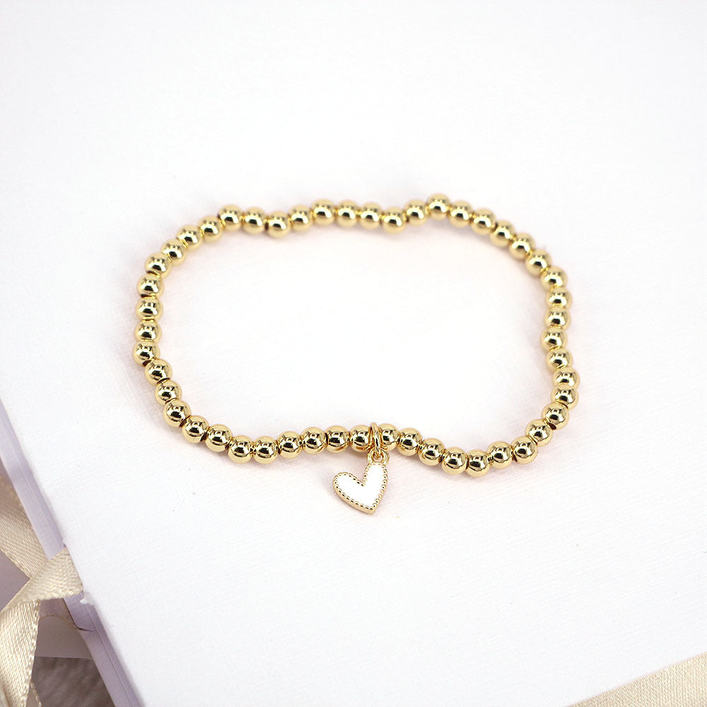 Gold Ball Beaded Heart-shaped Elastic Bracelet with Colorful Oil Drop Accents