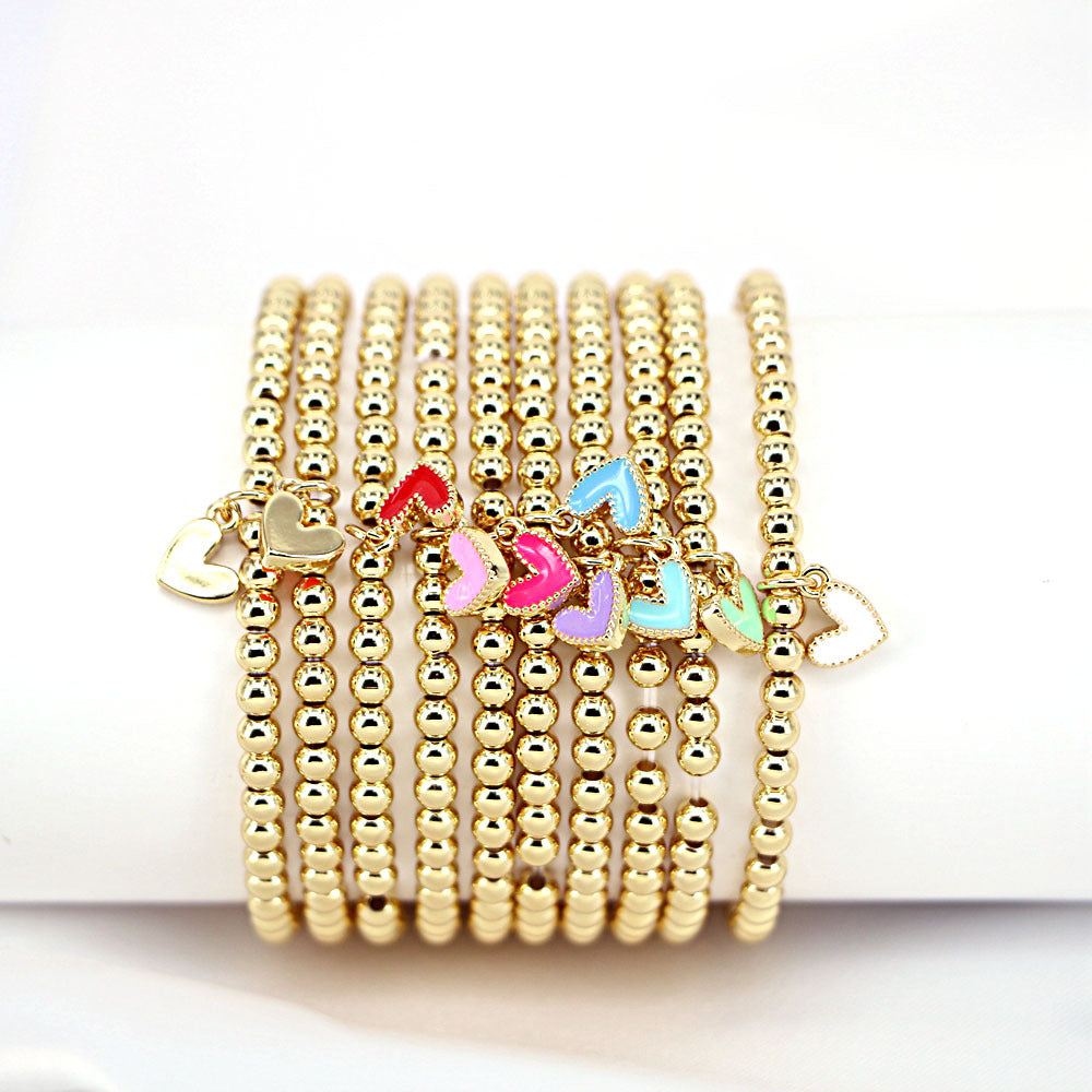 Gold Ball Beaded Heart-shaped Elastic Bracelet with Colorful Oil Drop Accents