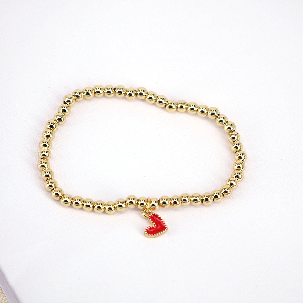 Gold Ball Beaded Heart-shaped Elastic Bracelet with Colorful Oil Drop Accents
