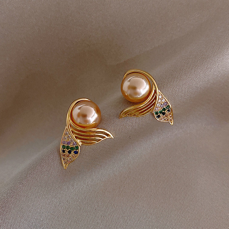 Niche Mermaid Tail Pearl 925 Silver Needle Trendy Alloy Earrings for Women