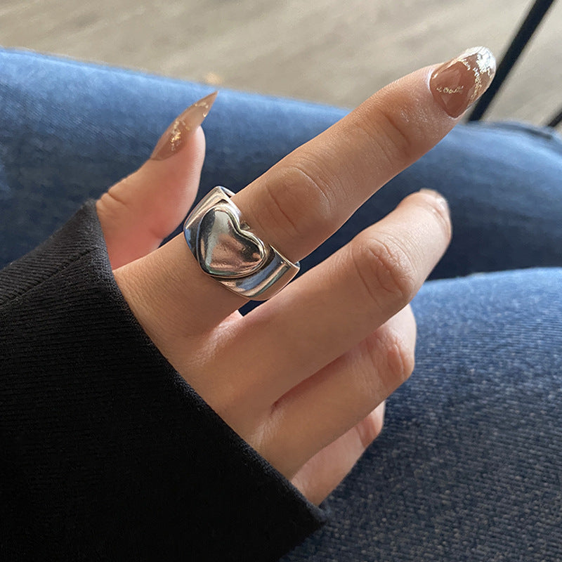 Niche Vintage Heart Adjustable Wide Band Ring for Women