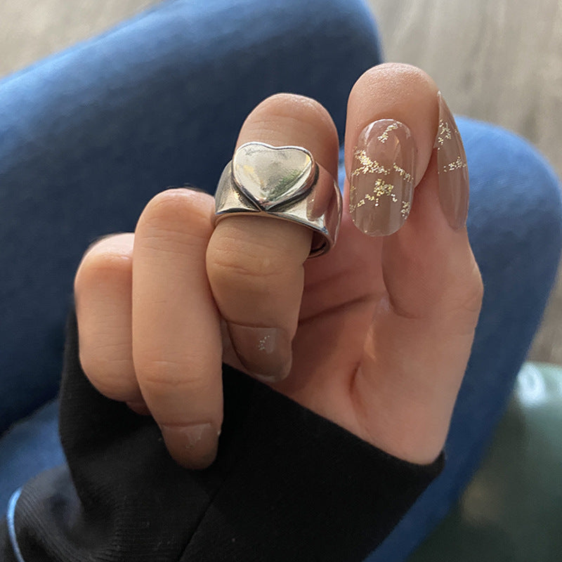 Niche Vintage Heart Adjustable Wide Band Ring for Women