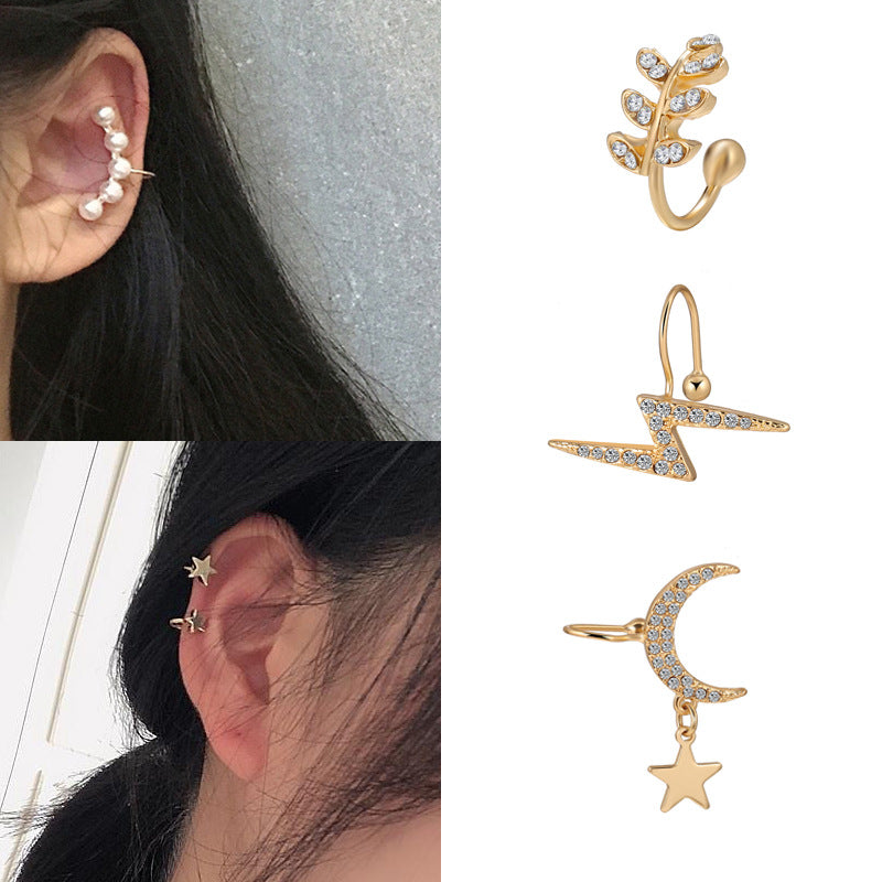 Five-pointed Star C-shaped Double Layer Non-pierced Ear Clip with Pearl Wave Stud Earrings