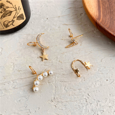 Five-pointed Star C-shaped Double Layer Non-pierced Ear Clip with Pearl Wave Stud Earrings
