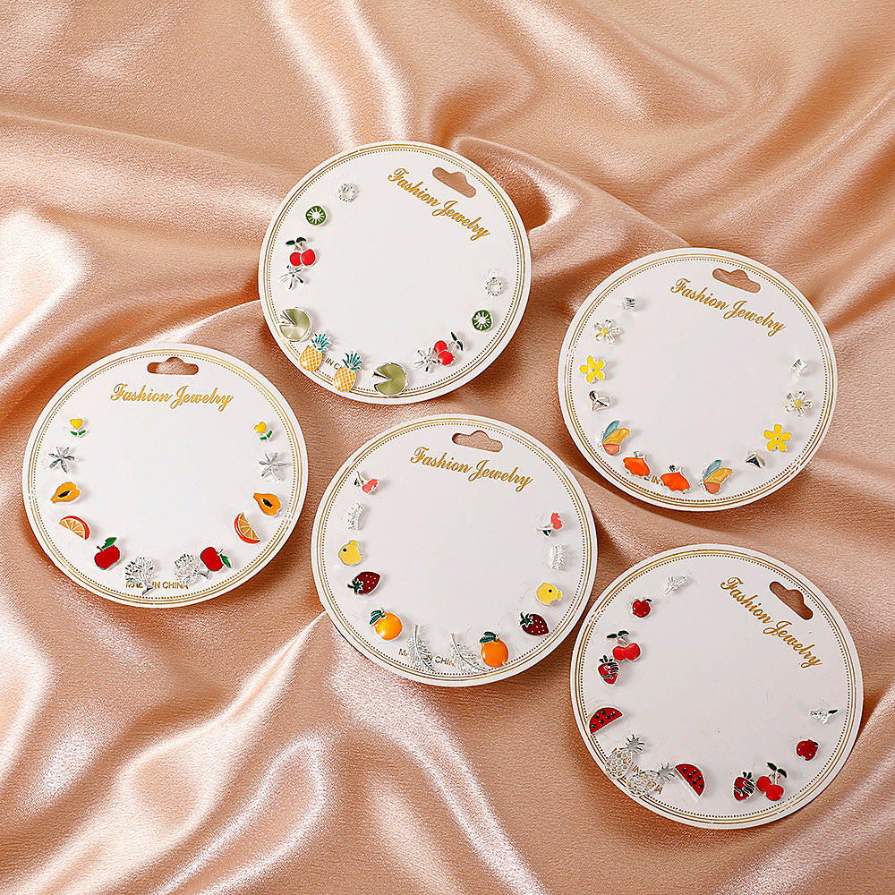 Korean Style Fruit Geometric Dripping Oil Earrings 6-Piece Set