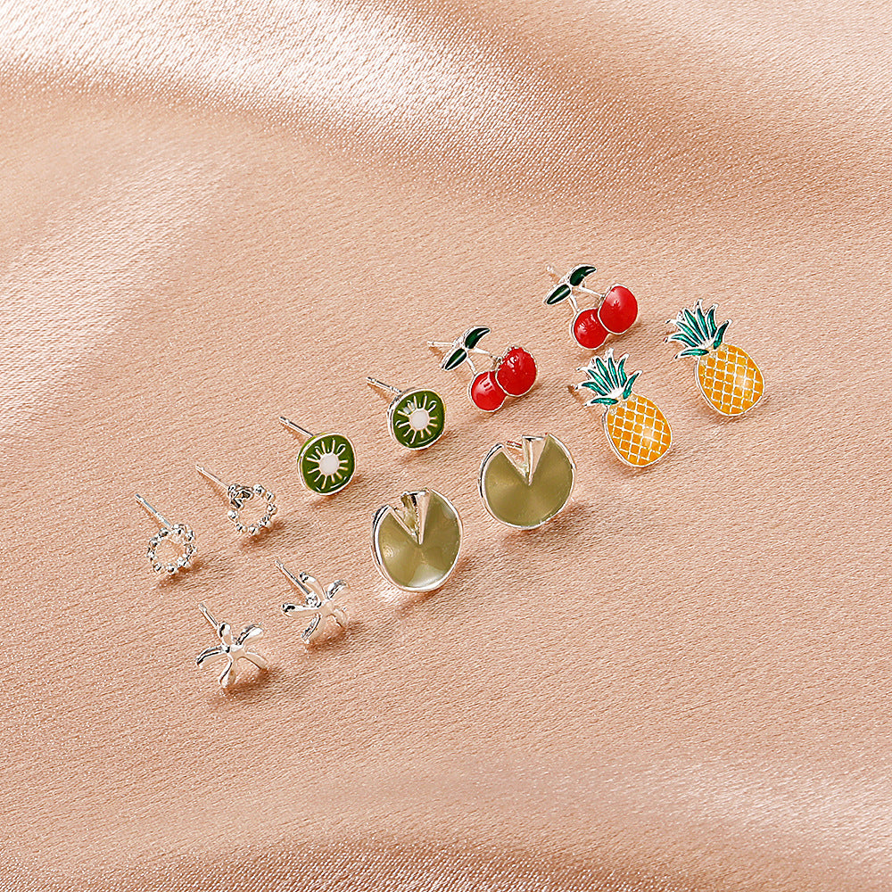 Korean Style Fruit Geometric Dripping Oil Earrings 6-Piece Set