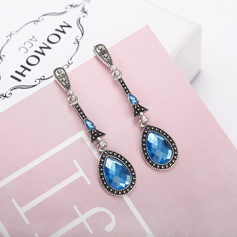 Retro Style Alloy Inlaid Blue Zircon Vintage Earrings