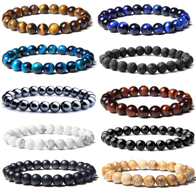 Geometric Natural Stone Agate and Tiger Eye Beaded Unisex Bracelet Set