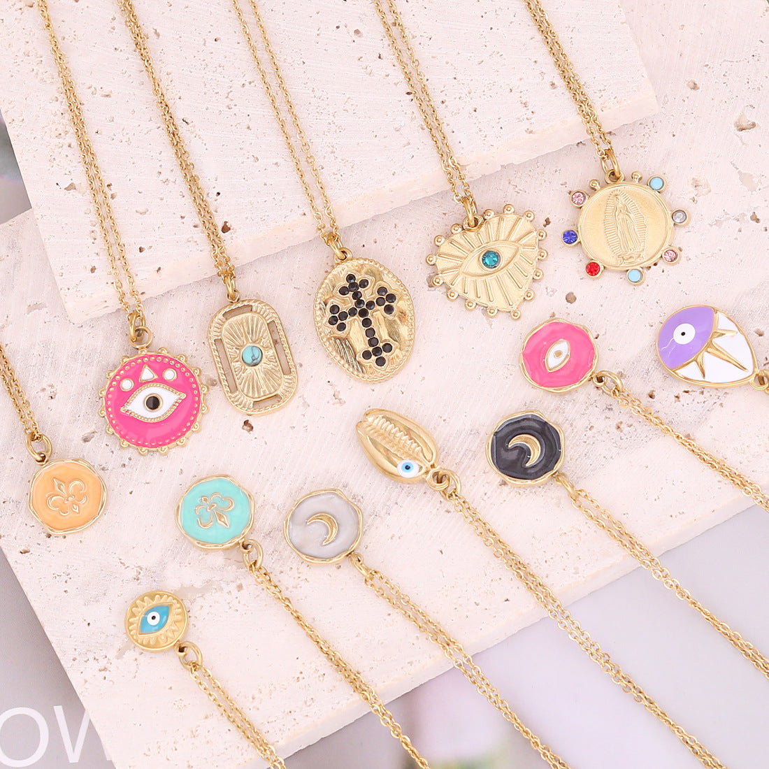 Oil Dripping Eye Pendant Stainless Steel Geometric Cross Necklace with Moon Clavicle Chain