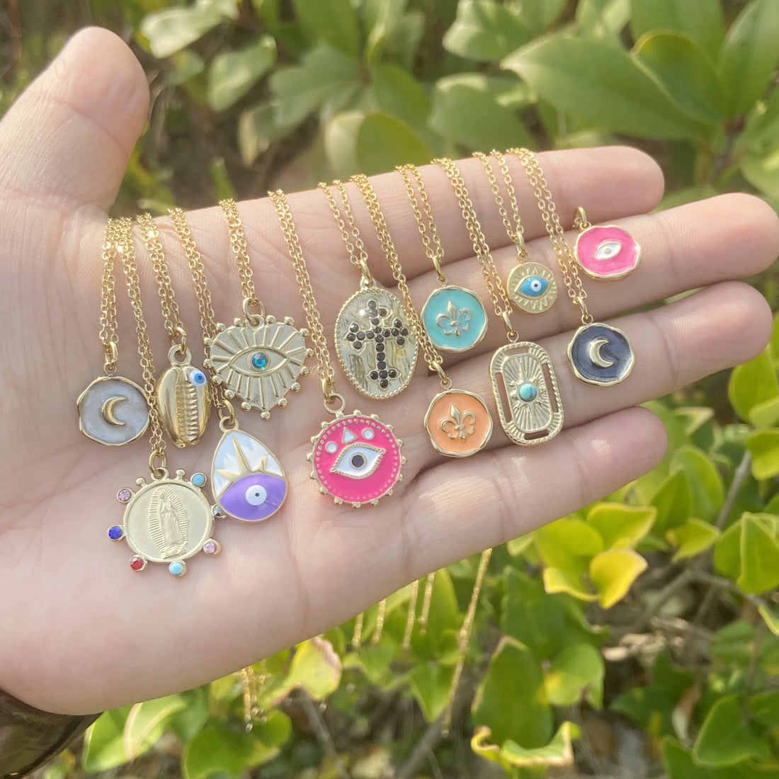 Oil Dripping Eye Pendant Stainless Steel Geometric Cross Necklace with Moon Clavicle Chain