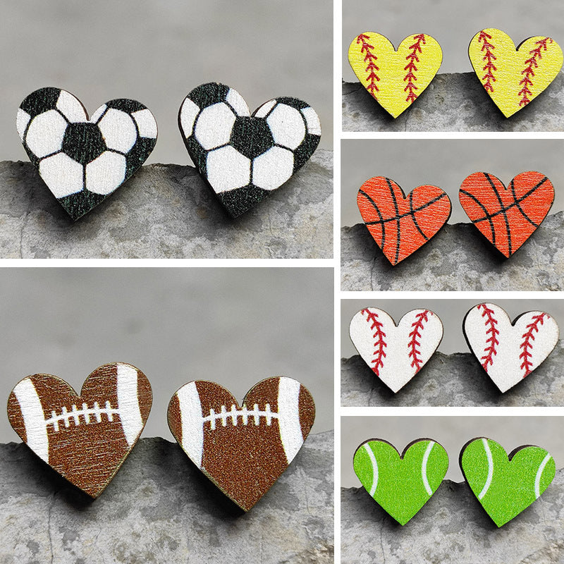 Original Design Sports Heart Shaped Wooden Stud Earrings for Women