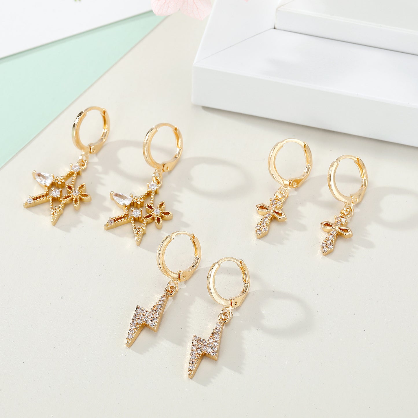 Mini Star Zircon Lightning Cross Hoop Earrings