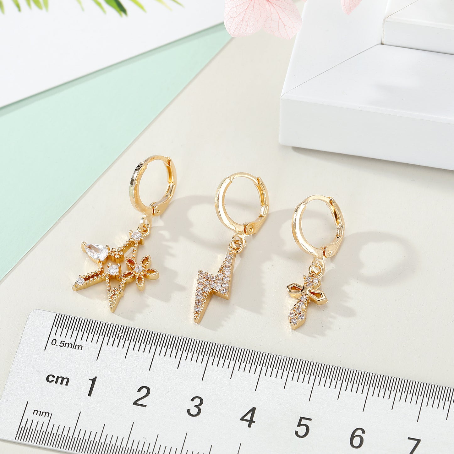 Mini Star Zircon Lightning Cross Hoop Earrings