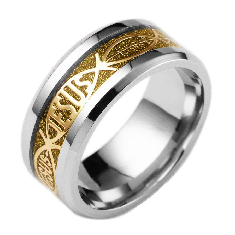 Pattern Fashion Titanium Steel Jesus Fish Ring for Couples