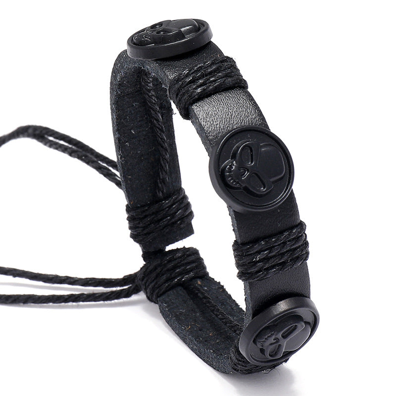 Black Skull Leather Bracelet for Men - Vintage Style Fashion Jewelry