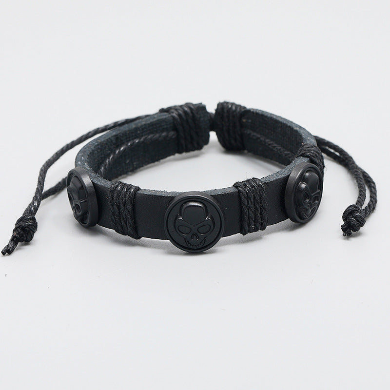 Black Skull Leather Bracelet for Men - Vintage Style Fashion Jewelry