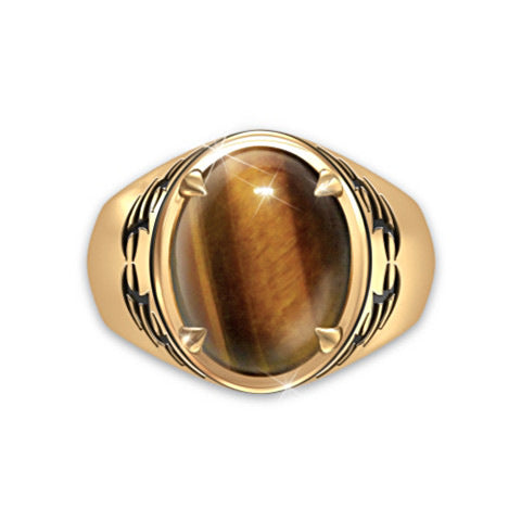 24K Gold Plated Natural Tiger's Eye Tribal Etched Men's Ring