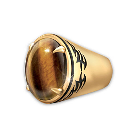 24K Gold Plated Natural Tiger's Eye Tribal Etched Men's Ring