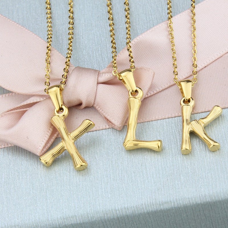 Antique Gold Stainless Steel 26 Letter Bamboo Pendant Necklace