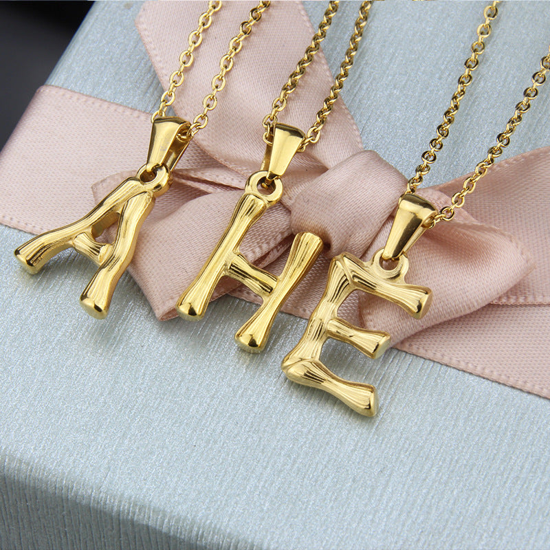 Antique Gold Stainless Steel 26 Letter Bamboo Pendant Necklace