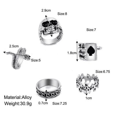 Vintage Retro Snake Design Joint Ring Set - 5 Pieces with Rhinestone Embellishments