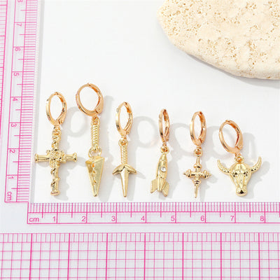 Punk Alloy Rose Cross Bull Head Rocket Earrings