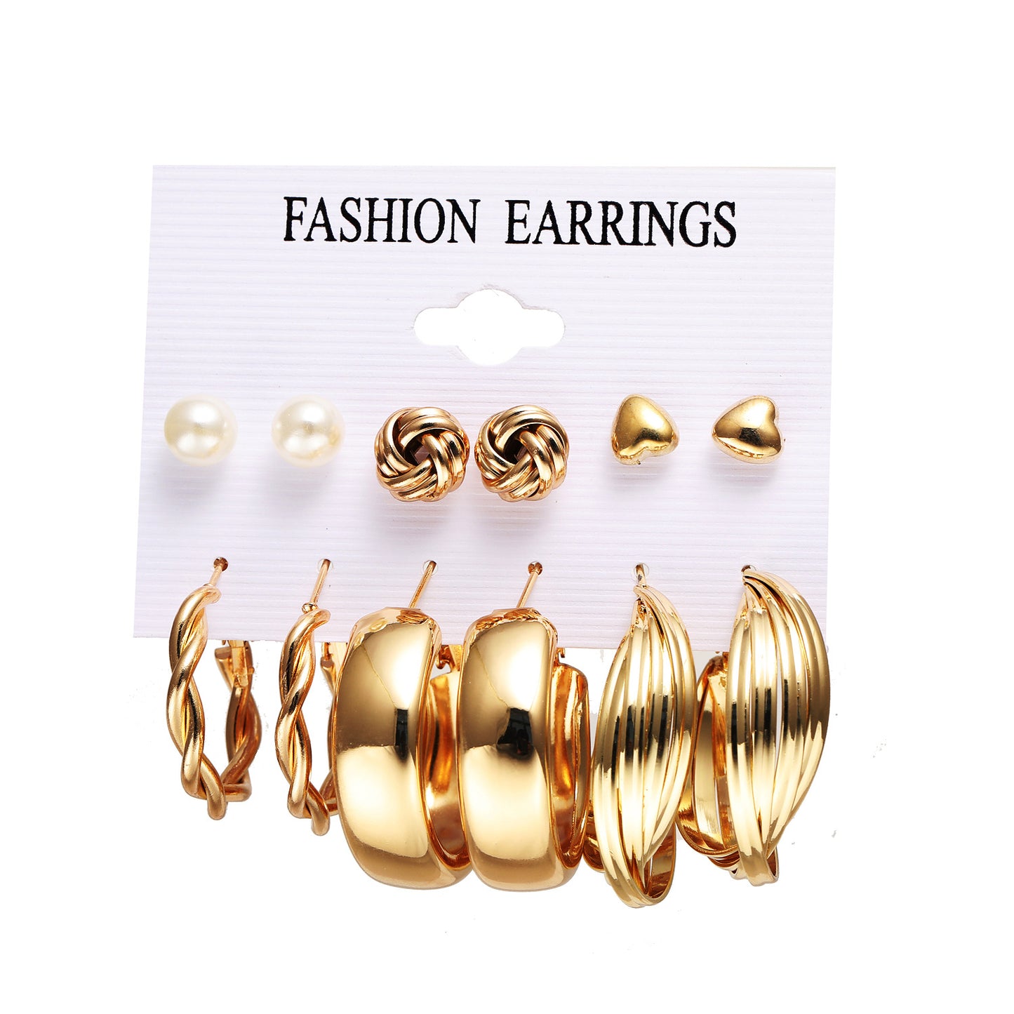 Punk Geometric Twisted Heart Gold Earrings Set - 6 Pairs