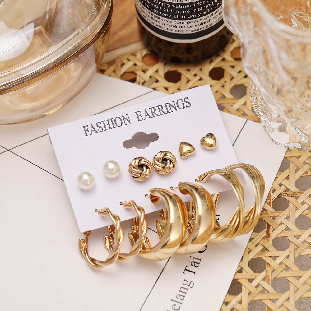 Punk Geometric Twisted Heart Gold Earrings Set - 6 Pairs