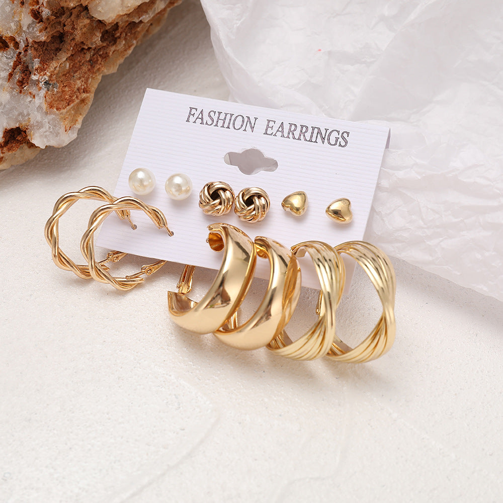 Punk Geometric Twisted Heart Gold Earrings Set - 6 Pairs